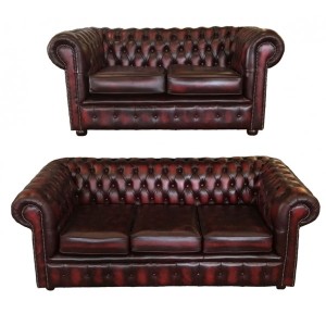 Chesterfield Antique Oxblood Genuine Leather Three + Two + 1 Club Chair Room Set