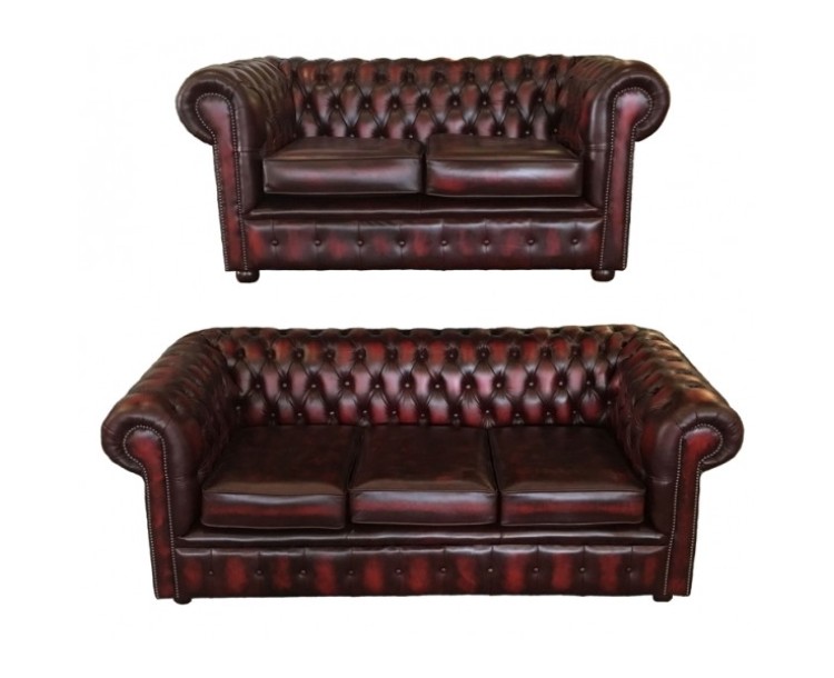 Chesterfield Red Real Leather 3 + 2 + 1 Club Chair Room Set