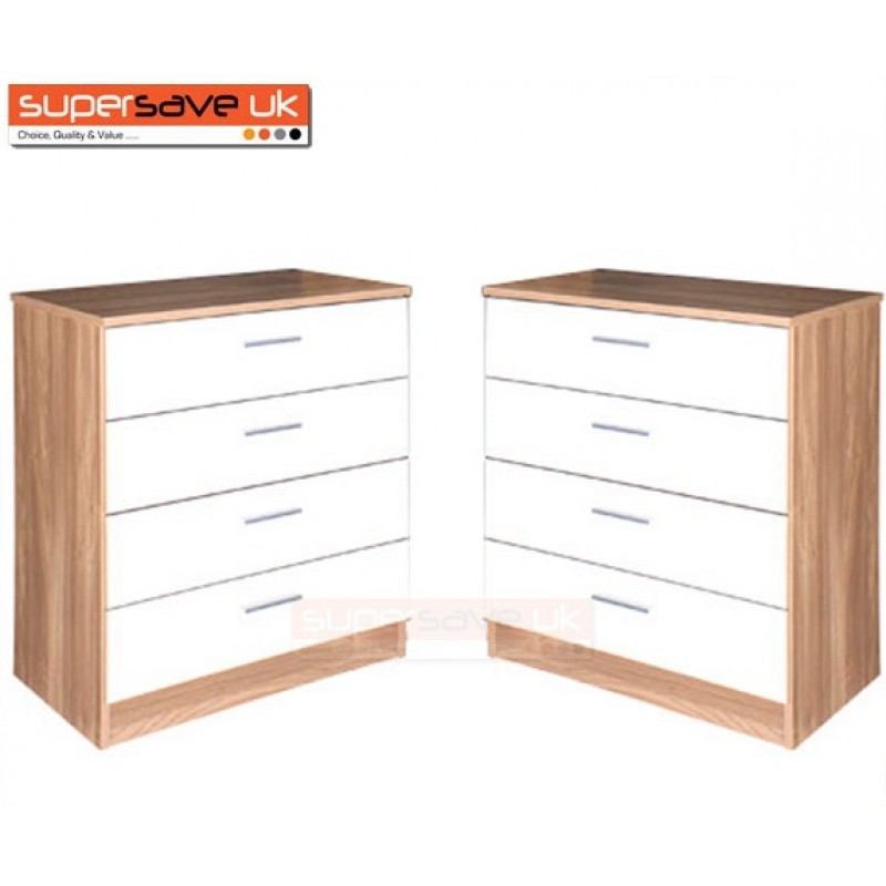 Set Of 2x Modern White High Gloss Oak Frame Chest Of 4 Drawers