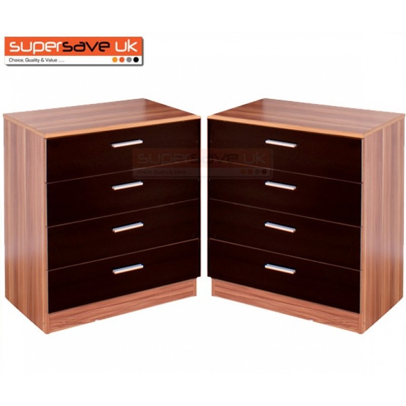 Set Of 2x Modern Black High Gloss Walnut Chest Of 4 Drawers