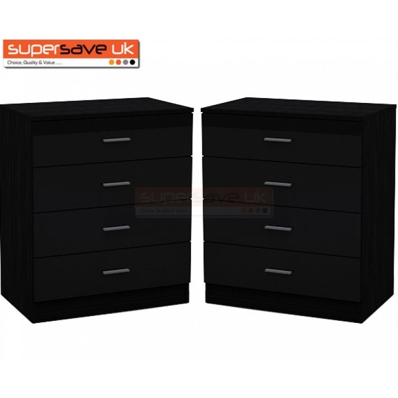 Set Of 2x Modern Black High Gloss Black Oak Chest Of 4 Drawers