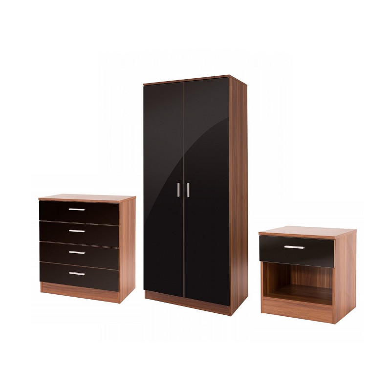 ottawa black high gloss and walnut veneer three piece bedroom set