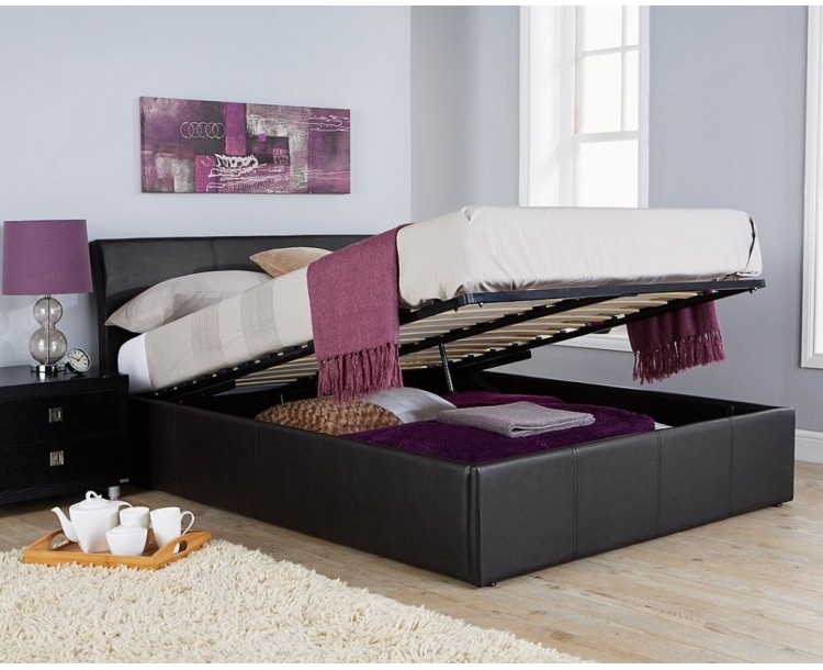 Hampton 4ft6 Black Ottoman Storage Bed + Gas lift Faux Leather