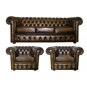 Chesterfield Antique Brown Genuine Leather Three Seater and Two Club Chairs