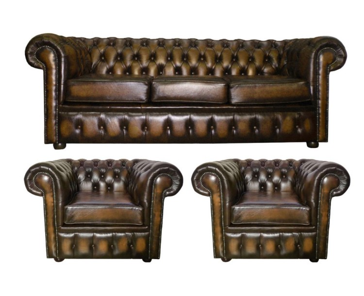 Chesterfield Antique Brown Genuine Leather Three Seater and Two Club Chairs