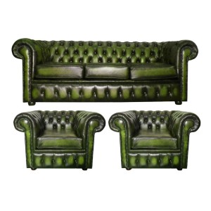 Chesterfield Antique Green Genuine Leather Three Seater and Two Club Chairs