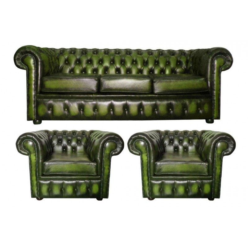 Leather 3 Seater 2 Club Chairs, Green Leather Chesterfield