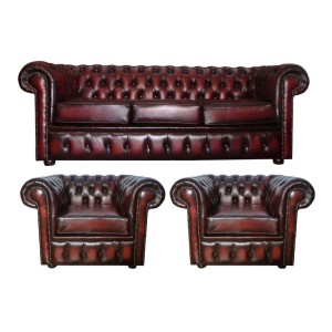 Chesterfield Antique Oxblood Red Genuine Leather Three Seater and Two Club Chairs