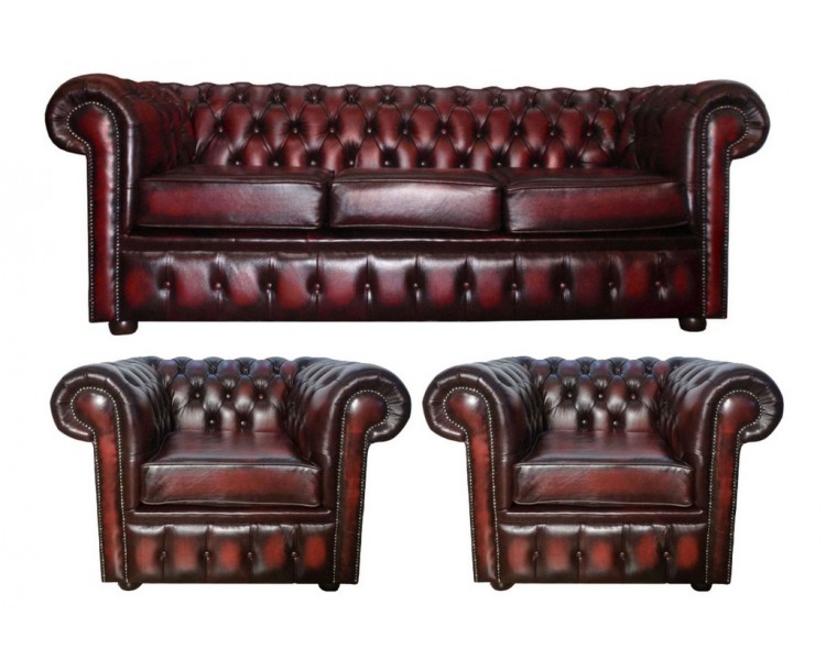 Chesterfield Antique Oxblood Red Genuine Leather Three Seater and Two Club Chairs