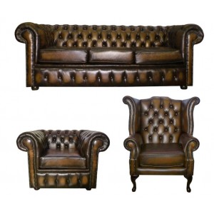 Chesterfield Antique Brown Genuine Leather Three Seater & Queen Anne & Club Chair