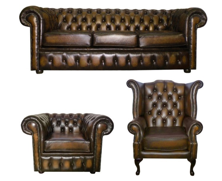 Chesterfield Antique Brown Genuine Leather Three Seater & Queen Anne & Club Chair