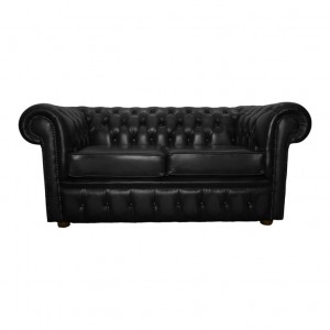 Chesterfield Shelly Black Genuine Leather Two Seater Sofa