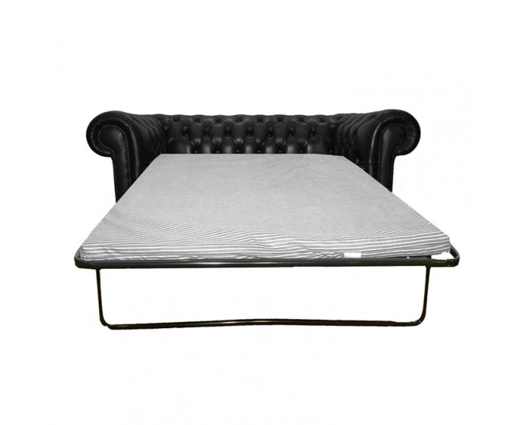 Chesterfield Shelly Black Genuine Leather Two Seater Sofa Bed