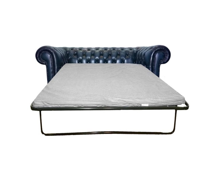 Chesterfield Antique Blue Genuine Leather Two Seater Sofa Bed