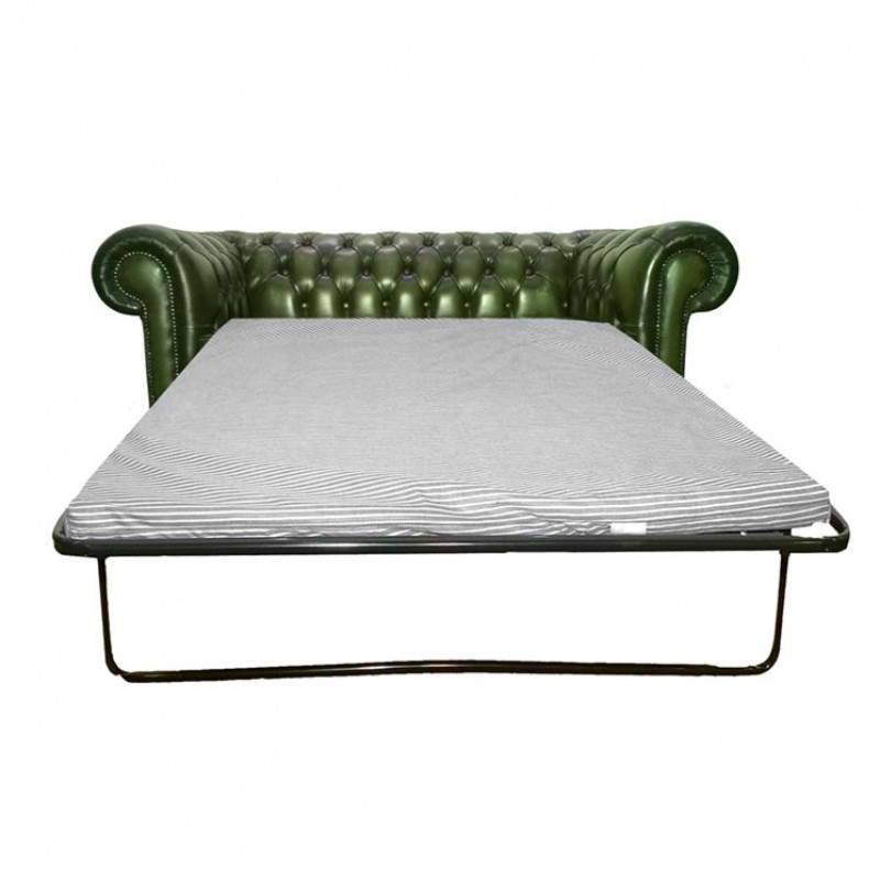 Genuine Leather Two Seater Sofa Bed, Green Leather Chesterfield