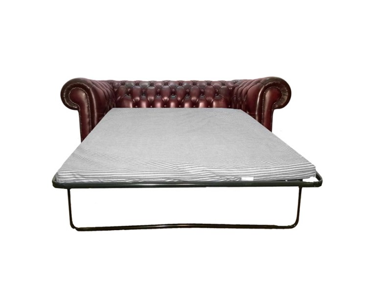 Chesterfield Antique Oxblood Red Genuine Leather Two Seater Sofa Bed