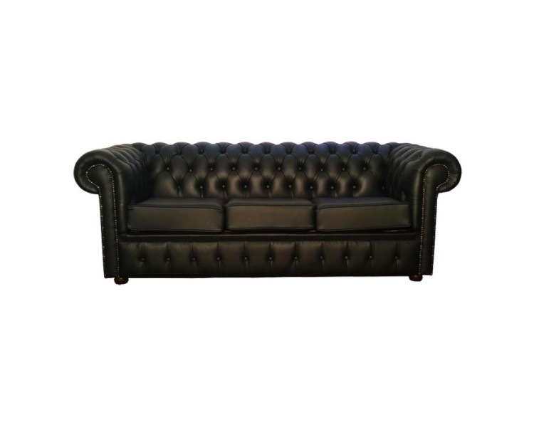 Chesterfield Shelly Black Genuine Leather Three Seater Sofa