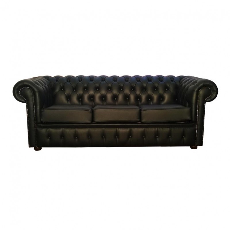 Chesterfield Sy Black Genuine, Black Leather Three Seater Sofa