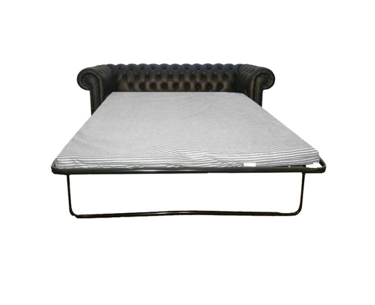 Chesterfield Shelly Black Genuine Leather Three Seater Sofa Bed