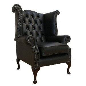 Chesterfield Shelly Black Genuine Leather Queen Anne Armchair