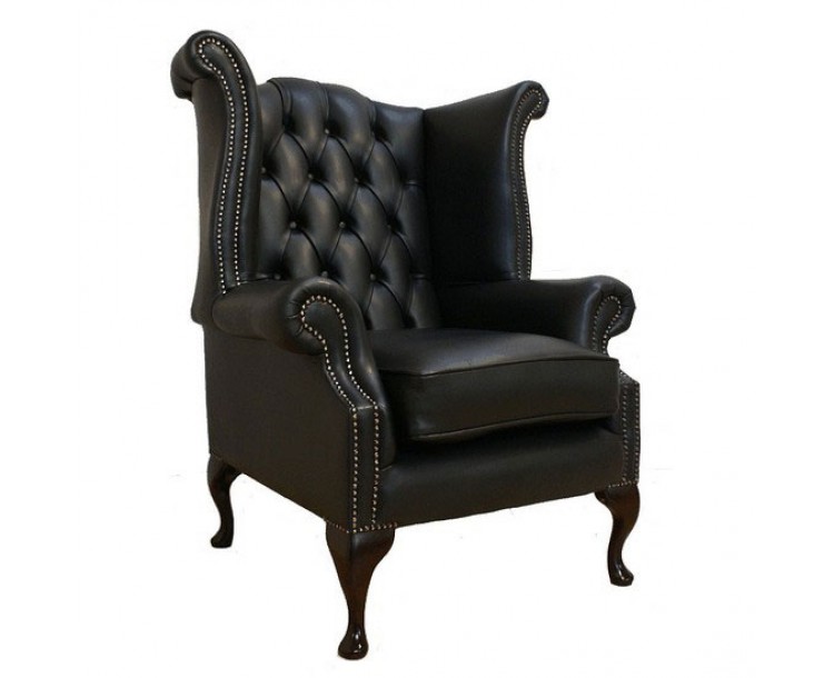 Chesterfield Shelly Black Genuine Leather Queen Anne Armchair