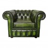 Chesterfield Antique Green Genuine Leather Three Seater and Two Club Chairs