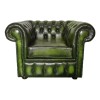 Chesterfield Antique Green Genuine Leather Three Seater and Two Club Chairs