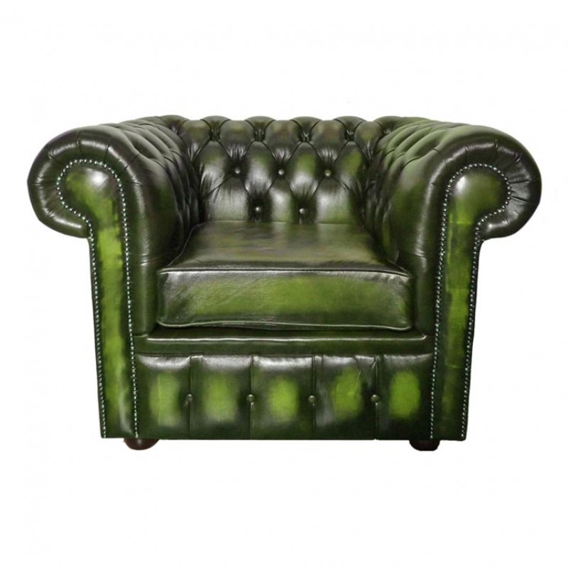 Chesterfield Green Real Leather 3 Seater & 2 Club Chairs