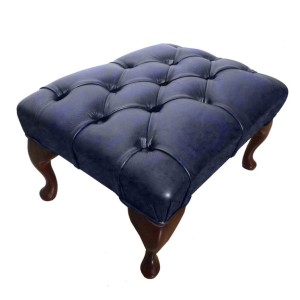 Chesterfield Genuine Leather Footstool Antique Blue