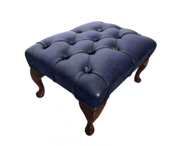 Chesterfield Genuine Leather Footstool Antique Blue