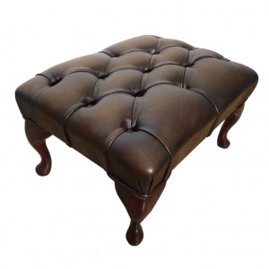 Chesterfield Antique Brown Genuine Leather Queen Anne Footstool