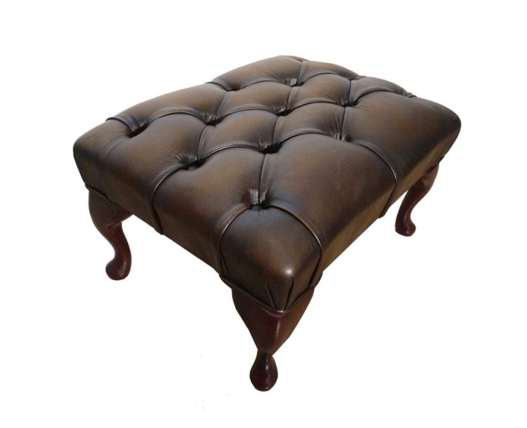 Chesterfield Antique Brown Genuine Leather Queen Anne Footstool