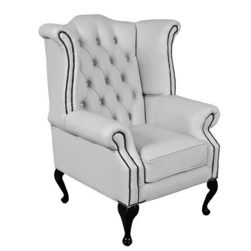 Chesterfield Sy White Genuine, Grey Leather Queen Anne Chair