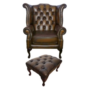 Chesterfield Antique Brown Queen Anne Armchair with Footstool