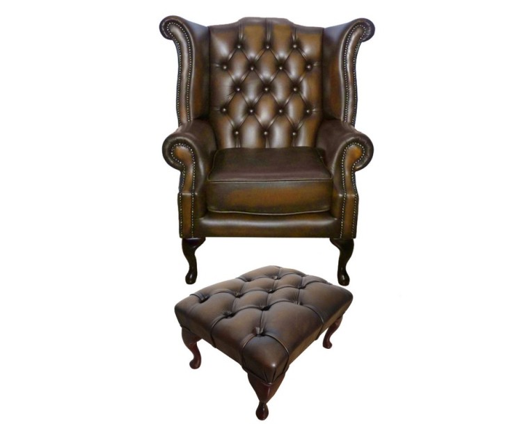 Chesterfield Antique Brown Queen Anne Armchair with Footstool