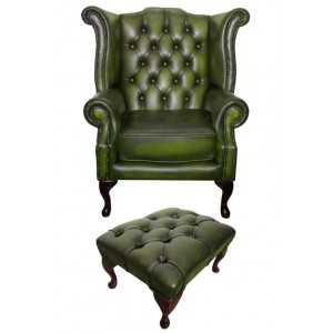 Chesterfield Antique Green Genuine Leather Queen Anne Armchair with Footstool
