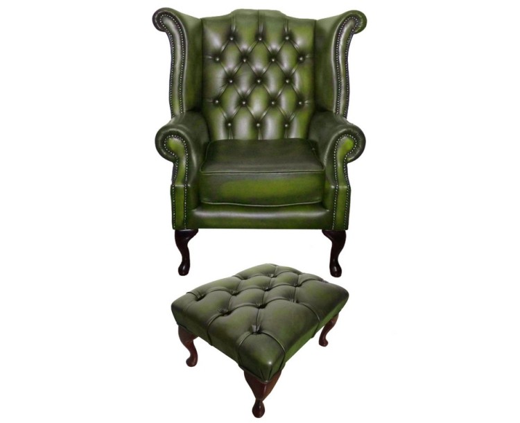 Chesterfield Antique Green Genuine Leather Queen Anne Armchair with Footstool