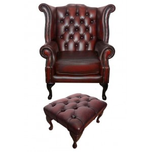 Chesterfield Antique Oxblood Red Genuine Leather Queen Anne Armchair with Footstool