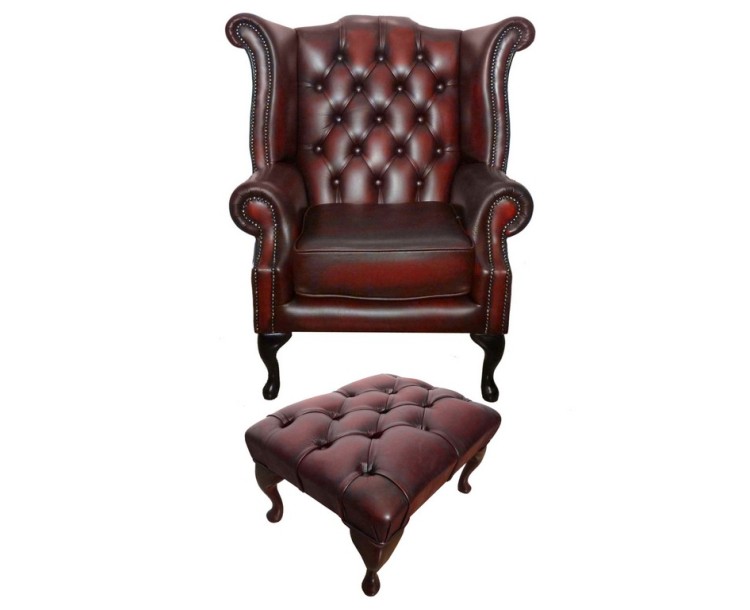 Chesterfield Antique Oxblood Red Genuine Leather Queen Anne Armchair with Footstool