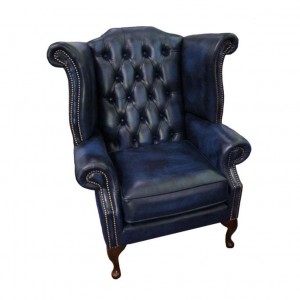 Chesterfield Antique Blue Genuine Leather Queen Anne Armchair