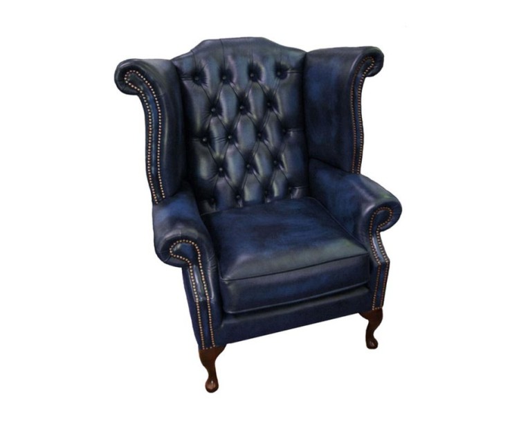 Chesterfield Antique Blue Genuine Leather Queen Anne Armchair