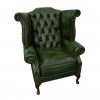 Chesterfield Antique Green Genuine Leather Queen Anne Armchair with Footstool