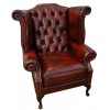 Chesterfield Antique Oxblood Red Genuine Leather Queen Anne Armchair with Footstool