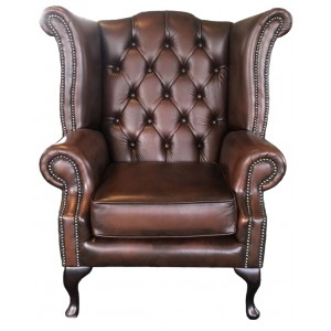 Chesterfield Antique Brown Genuine Leather Queen Anne Armchair
