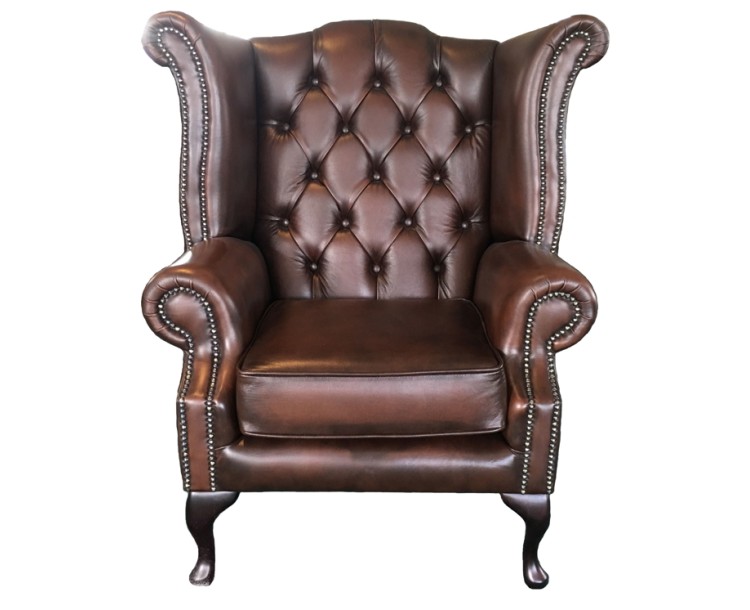 Chesterfield Antique Brown Genuine Leather Queen Anne Armchair