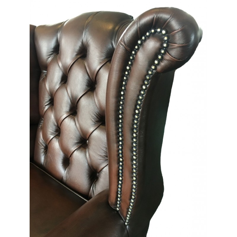 Chesterfield Antique Brown Genuine, Leather Chesterfield Queen Anne Chair