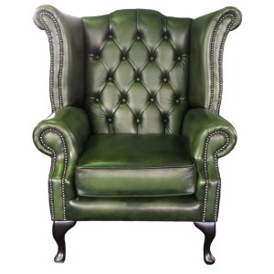 Chesterfield Antique Green Genuine Leather Queen Anne Armchair