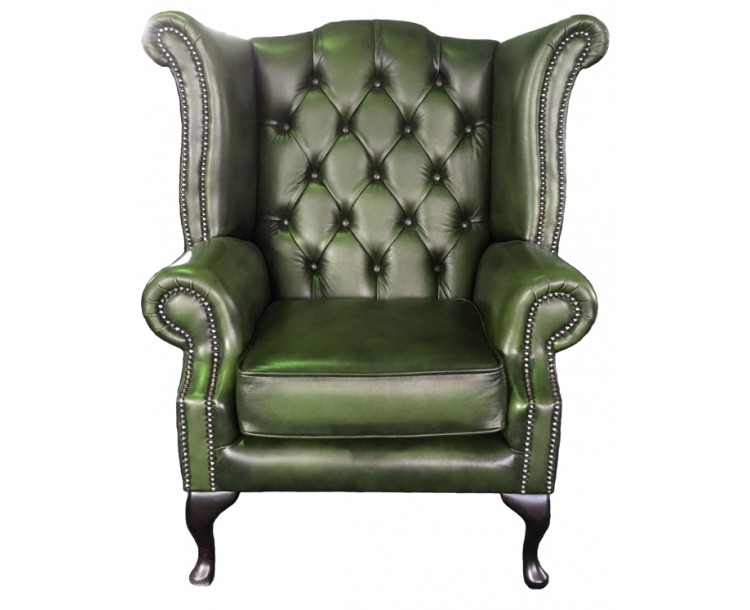 Chesterfield Antique Green Genuine Leather Queen Anne Armchair