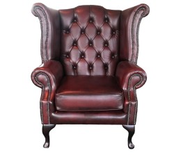 Chesterfield Antique Oxblood Red Genuine Leather Queen Anne Armchair