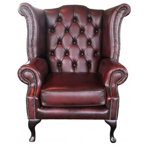 Chesterfield Antique Oxblood Red Genuine Leather Queen Anne Armchair